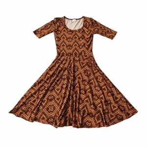 LuLaRoe Nicole Dress Small Brown Gold Geometric Fit & Flare Stretch Midi